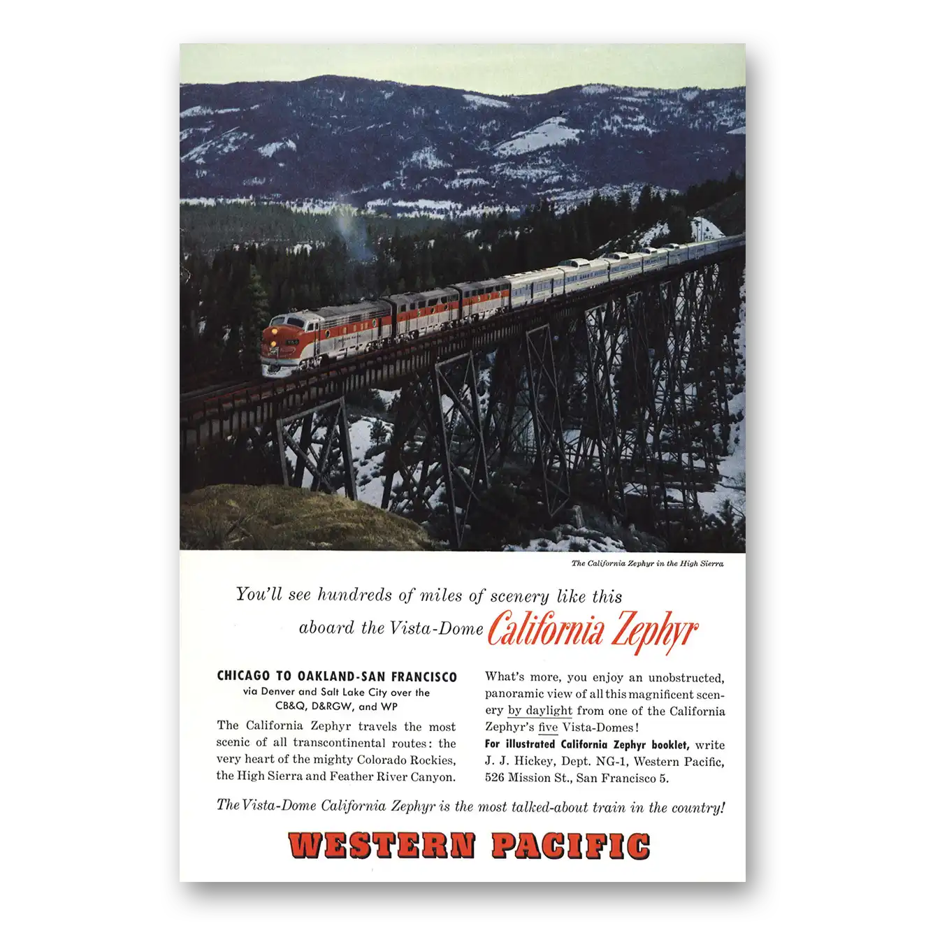 1957 California Zephyr High Sierra Vintage Magazine Print Ad