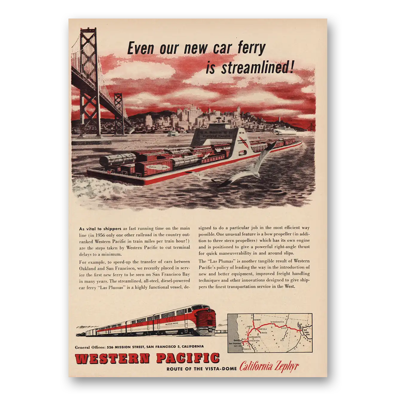 1957 Western Pacific New Car Ferry Is Streamlined Vintage Magazine Print Ad