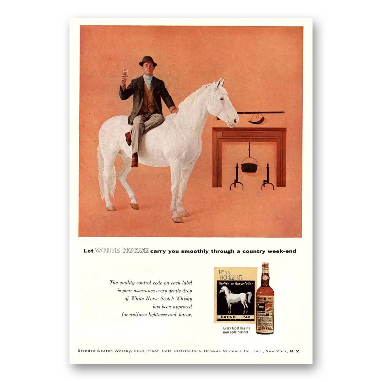 1957 White Horse Scotch Whisky Carry You Smoothly Through a Country Week End Vintage Magazine Print Ad