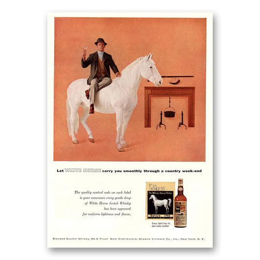 1957 White Horse Scotch Whisky Carry You Smoothly Through a Country Week End Vintage Magazine Print Ad