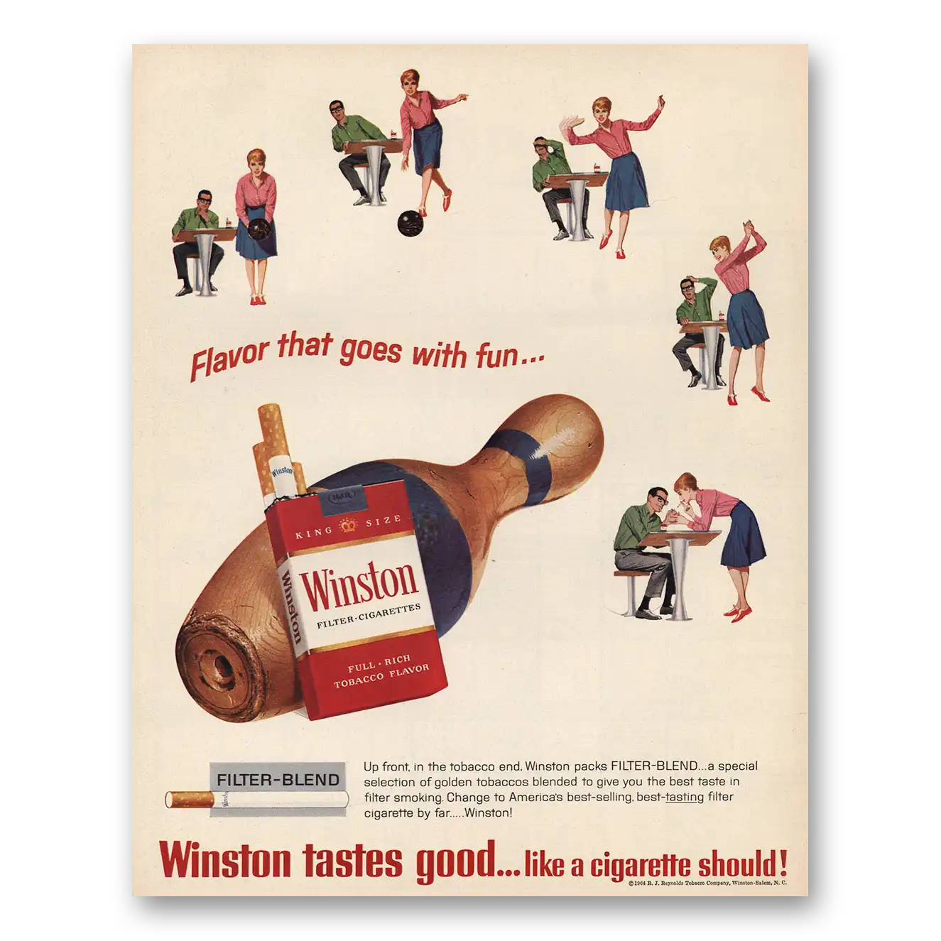 1957 Winston Cigarettes Flavor That Goes With Fun Bowling Vintage Magazine Print Ad