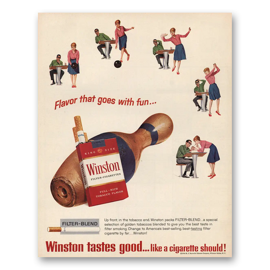 1957 Winston Cigarettes Flavor That Goes With Fun Bowling Vintage Magazine Print Ad