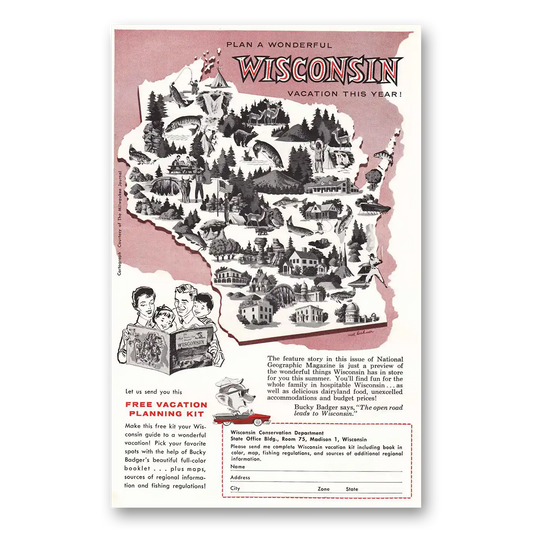 1957 Wisconsin Bucky Badger Wisconsin Vacation Vintage Magazine Print Ad