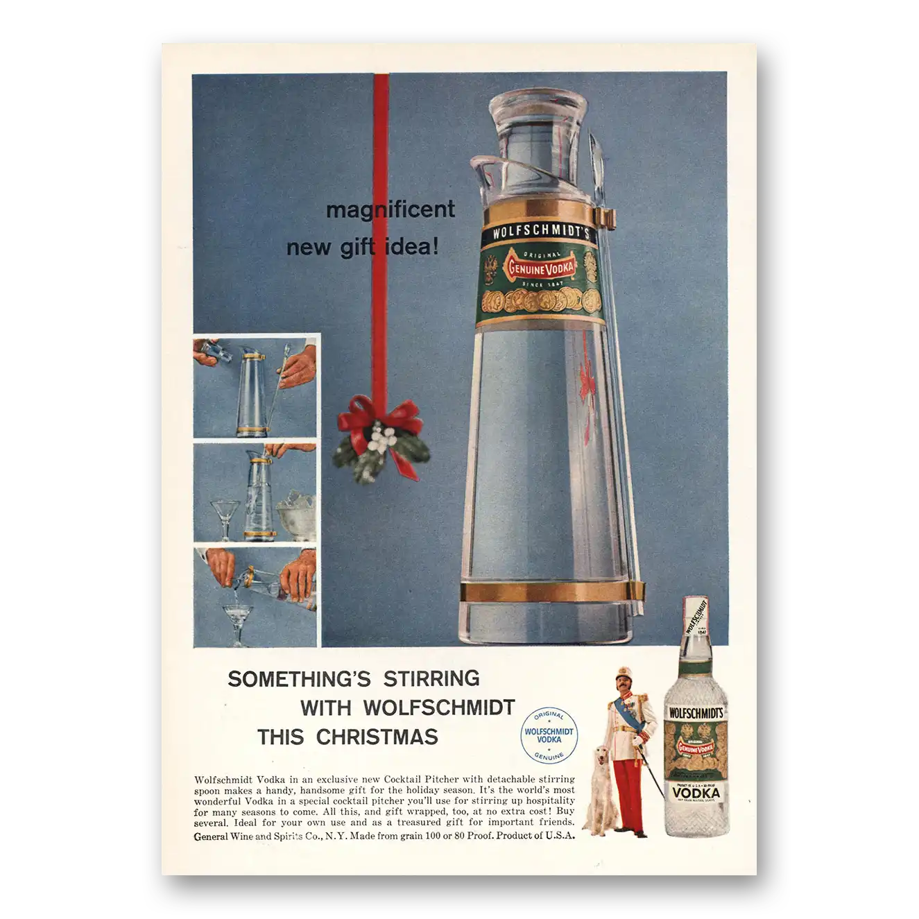 1957 Wolfschmidt Vodka Somethings Stirring This Christmas Vintage Magazine Print Ad