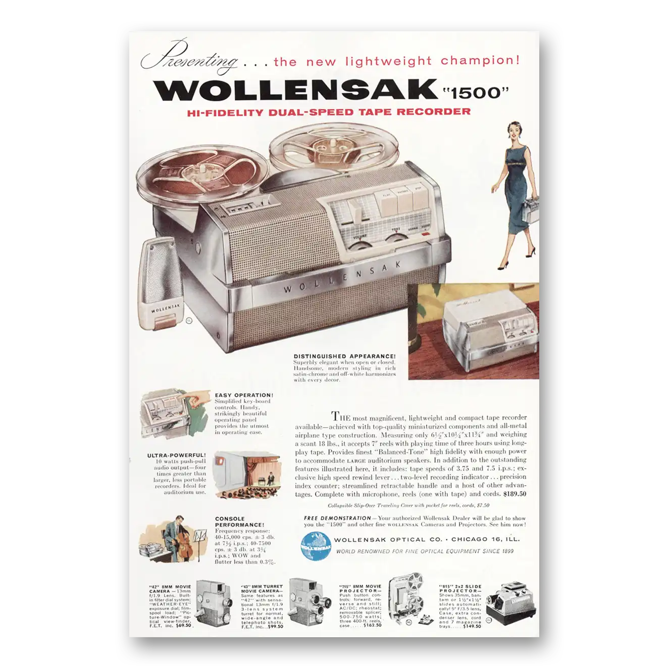 1957 Wollensak Tape Recorder Hi Fidelity Dual Speed Tape Recorder Vintage Magazine Print Ad