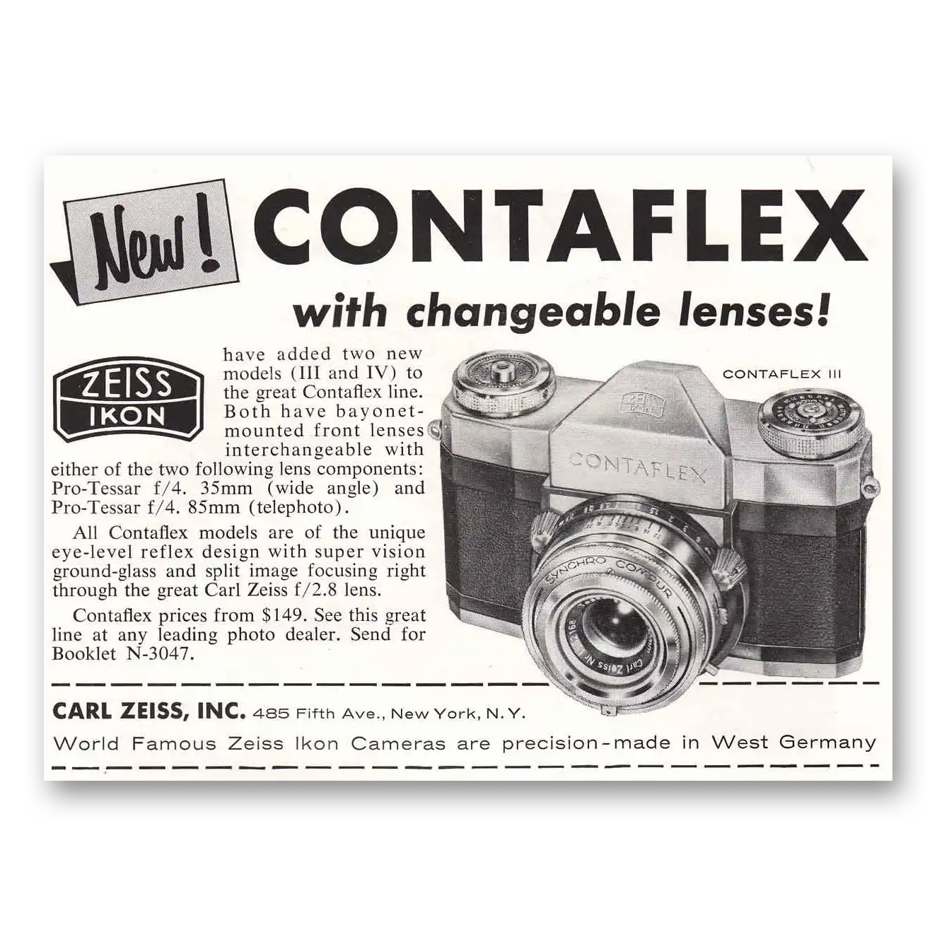 1957 Zeiss Ikon Contaflex Camera Changeable Lenses Vintage Magazine Print Ad