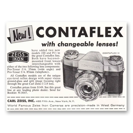 1957 Zeiss Ikon Contaflex Camera Changeable Lenses Vintage Magazine Print Ad