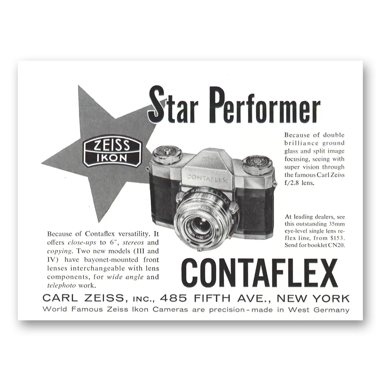 1957 Zeiss Ikon Contaflex Camera Star Performer Vintage Magazine Print Ad