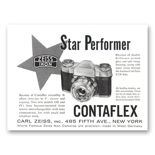 1957 Zeiss Ikon Contaflex Camera Star Performer Vintage Magazine Print Ad