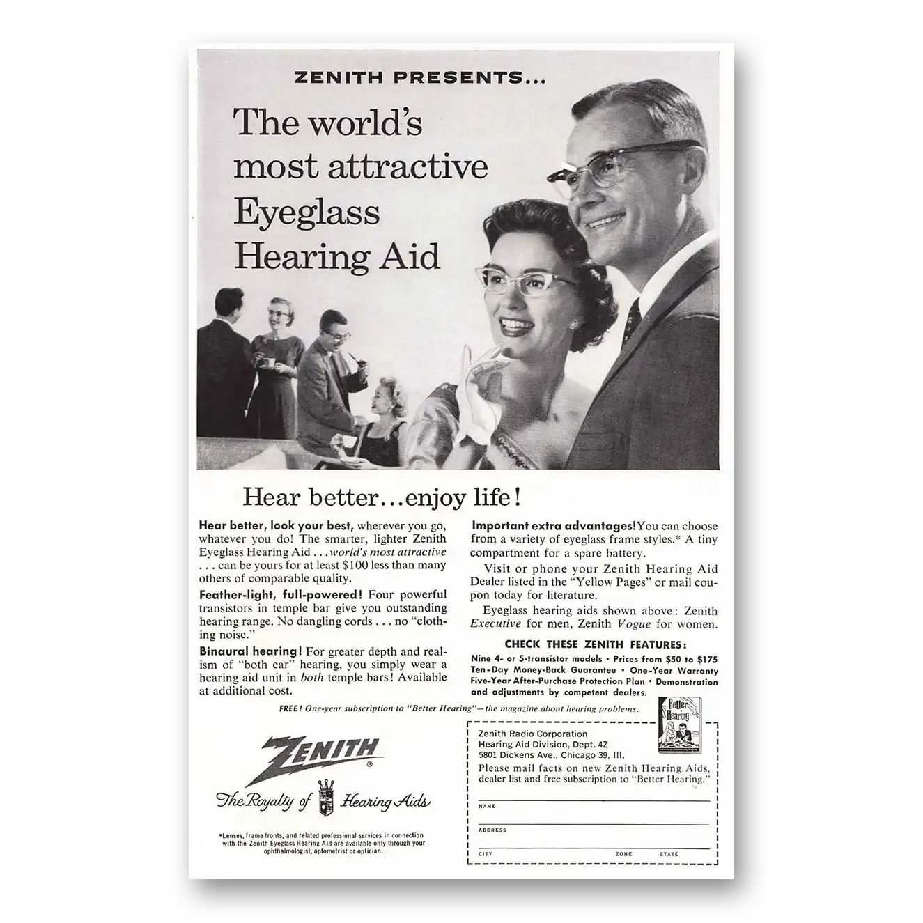 1957 Zenith Hearing Aid Eyeglass Hearing Aid Most Attractive Vintage Magazine Print Ad