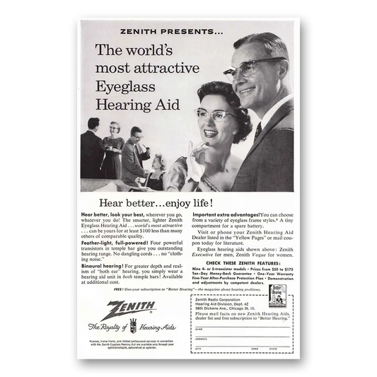 1957 Zenith Hearing Aid Eyeglass Hearing Aid Most Attractive Vintage Magazine Print Ad