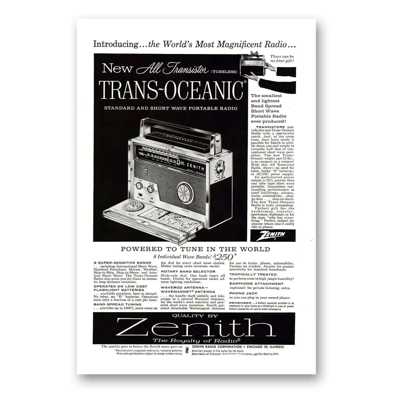 1957 Zenith Radio Tune in the World Vintage Magazine Print Ad