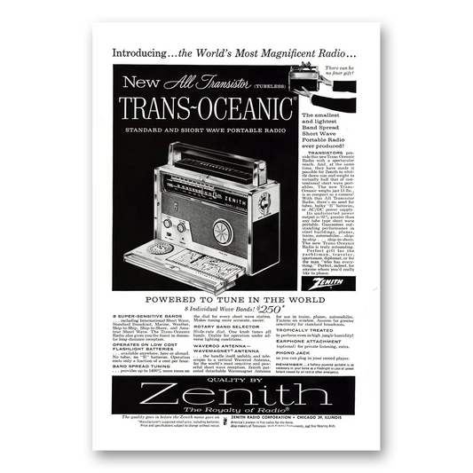 1957 Zenith Radio Tune in the World Vintage Magazine Print Ad