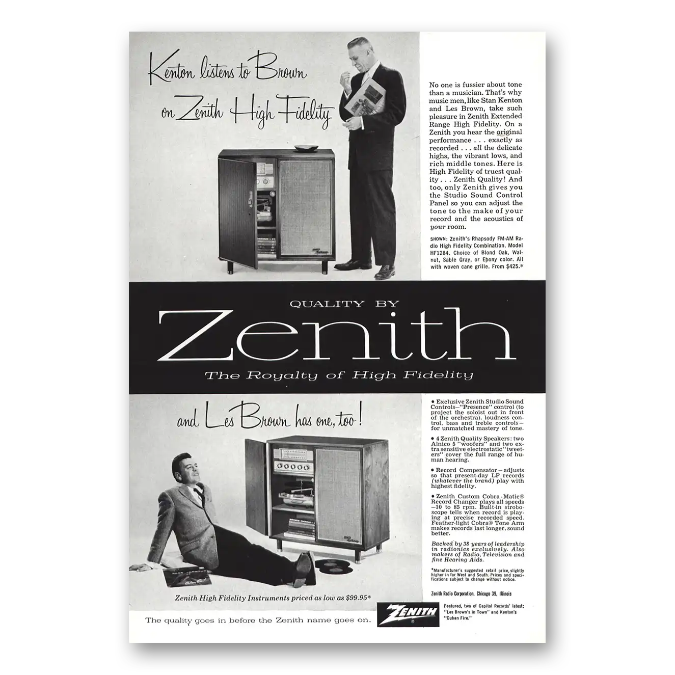 1957 Zenith Stereo Kenton Listens to Brown Vintage Magazine Print Ad