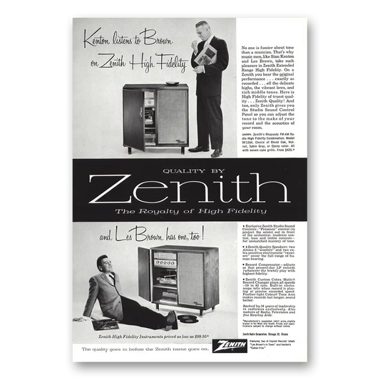 1957 Zenith Stereo Kenton Listens to Brown Vintage Magazine Print Ad