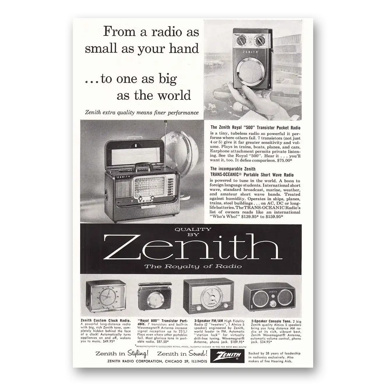 1957 Zenith Radio Royal 500 Trans Oceanic Vintage Magazine Print Ad