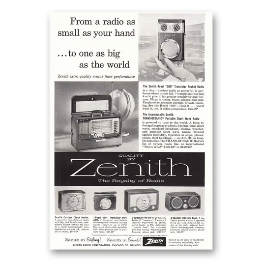 1957 Zenith Radio Royal 500 Trans Oceanic Vintage Magazine Print Ad