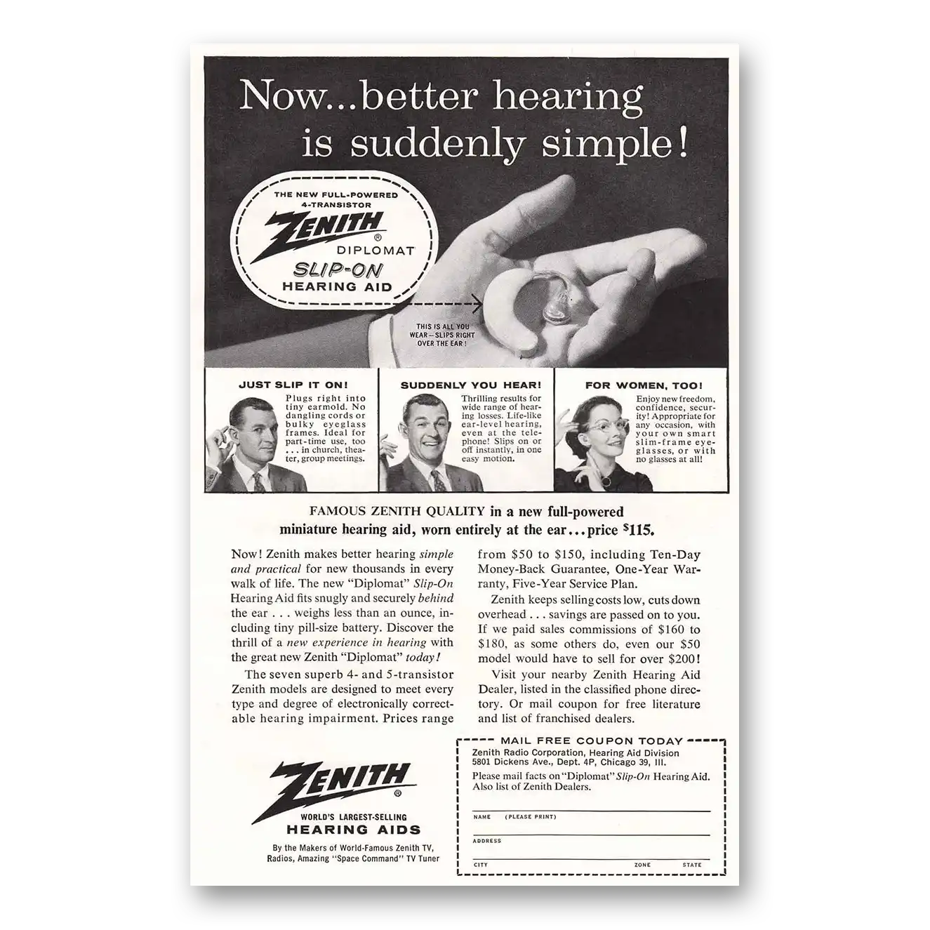 1957 Zenith Hearing Aid Better Hearing Is Suddenly Simple Vintage Magazine Print Ad