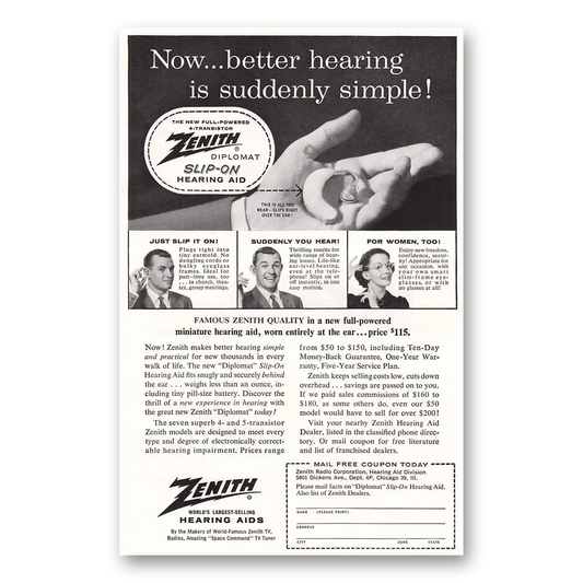 1957 Zenith Hearing Aid Better Hearing Is Suddenly Simple Vintage Magazine Print Ad