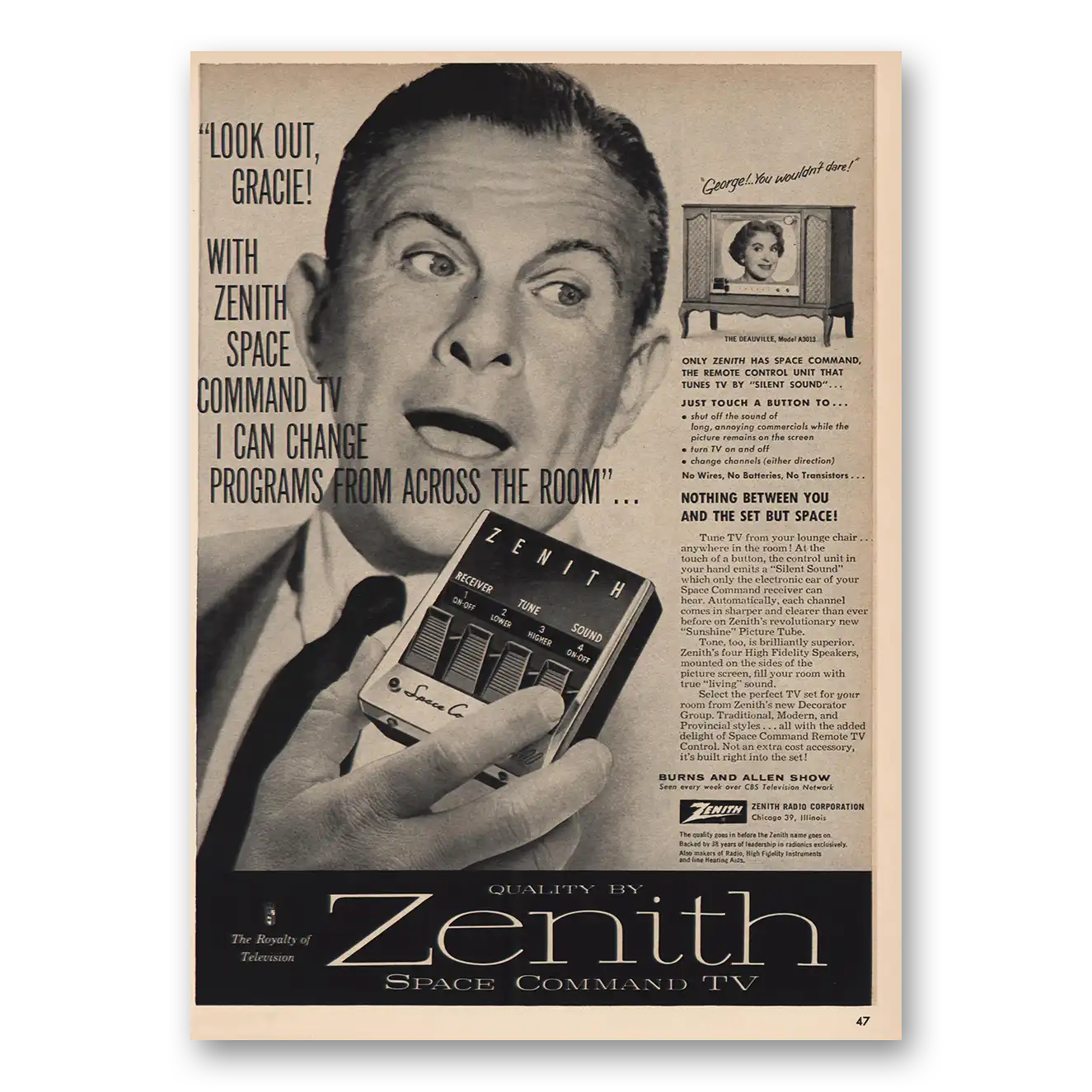 1957 Zenith Television Space Command Look Out Gracie Vintage Magazine Print Ad