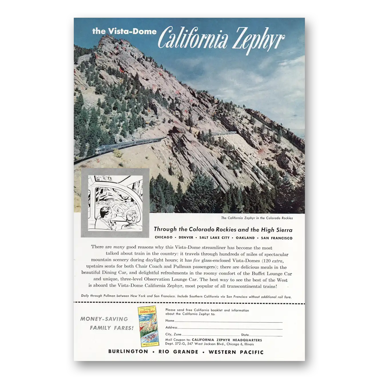 1959 California Zephyr Vista Dome Colorado Rockies Vintage Magazine Print Ad