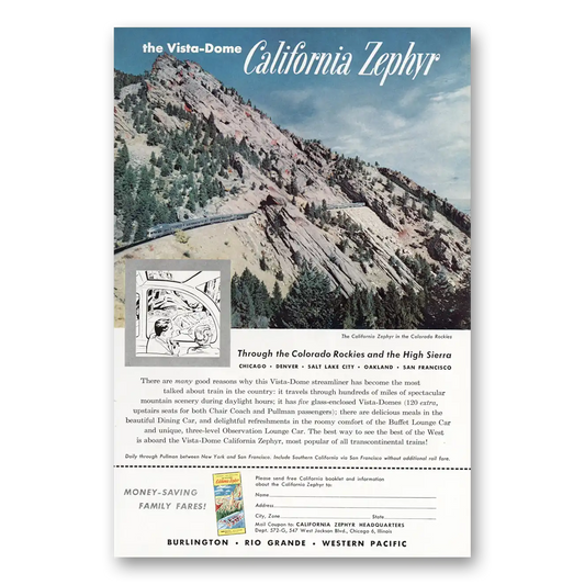 1959 California Zephyr Vista Dome Colorado Rockies Vintage Magazine Print Ad