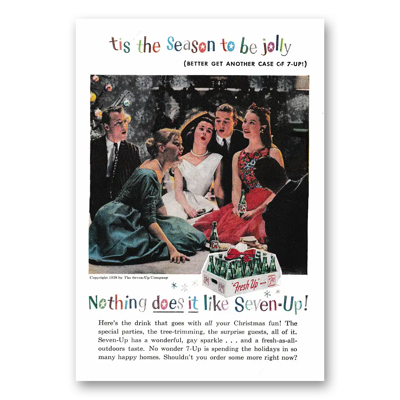 1958 7Up Tis the Season To Be Jolly Vintage Magazine Print Ad