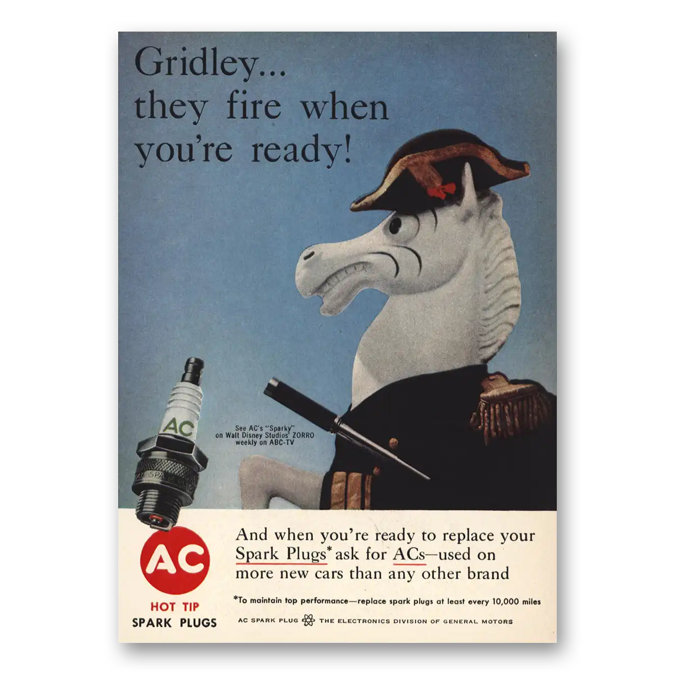 1958 AC Spark Plugs Gridley They Fire When You're Ready Vintage Magazine Print Ad