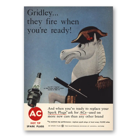 1958 AC Spark Plugs Gridley They Fire When You're Ready Vintage Magazine Print Ad