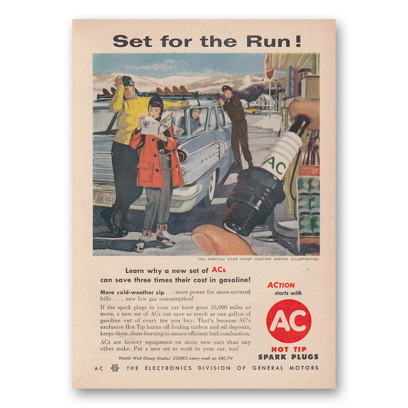 1958 AC Spark Plugs Set for the Run Vintage Magazine Print Ad