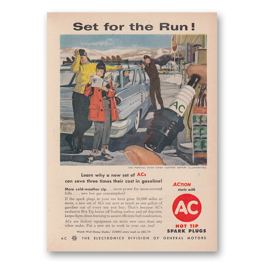 1958 AC Spark Plugs Set for the Run Vintage Magazine Print Ad