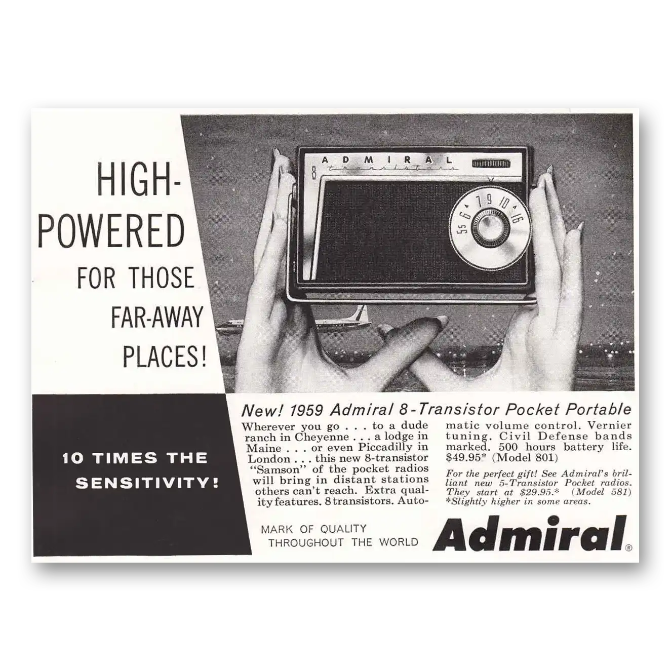 1958 Admiral Radio Pocket Portable High Powered For Those Far Away Vintage Magazine Print Ad