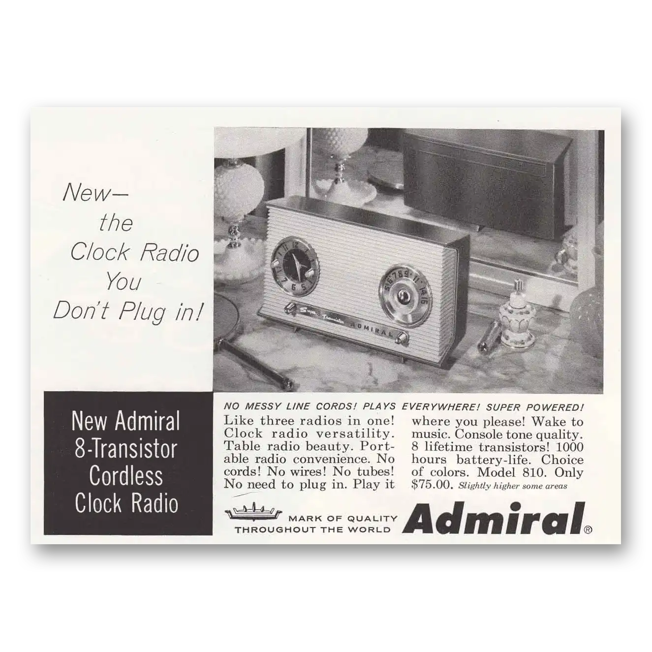 1958 Admiral Radio Clock Radio You Don't Plug In Vintage Magazine Print Ad