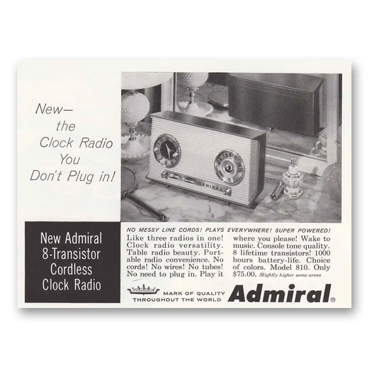 1958 Admiral Radio Clock Radio You Don't Plug In Vintage Magazine Print Ad