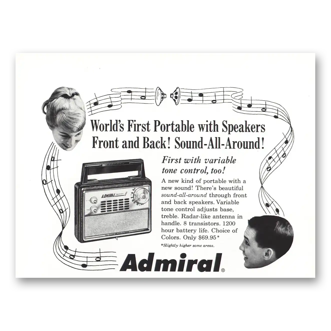 1958 Admiral Radio Speakers Front and Back Vintage Magazine Print Ad