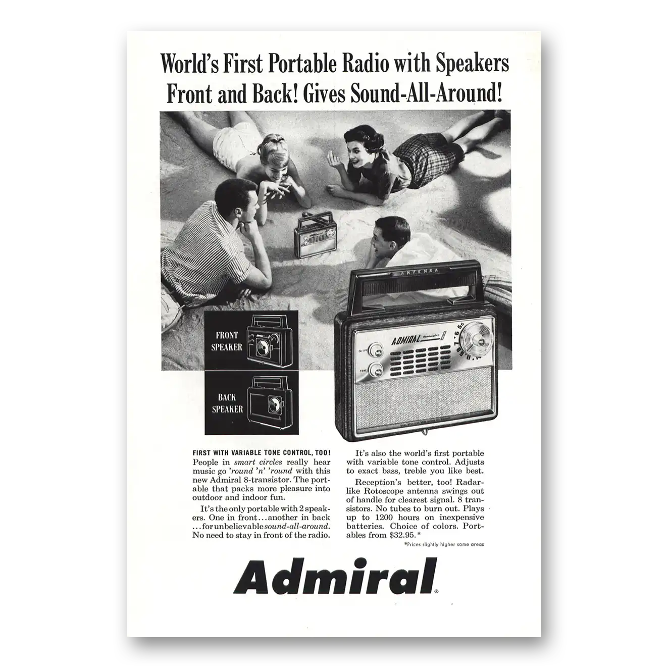 1958 Admiral Radio First Portable Radio with Speakers Front and Back Vintage Magazine Print Ad