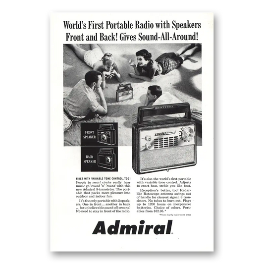 1958 Admiral Radio First Portable Radio with Speakers Front and Back Vintage Magazine Print Ad