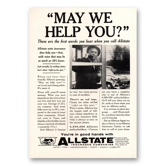 1958 Allstate Insurance May We Help You Vintage Magazine Print Ad