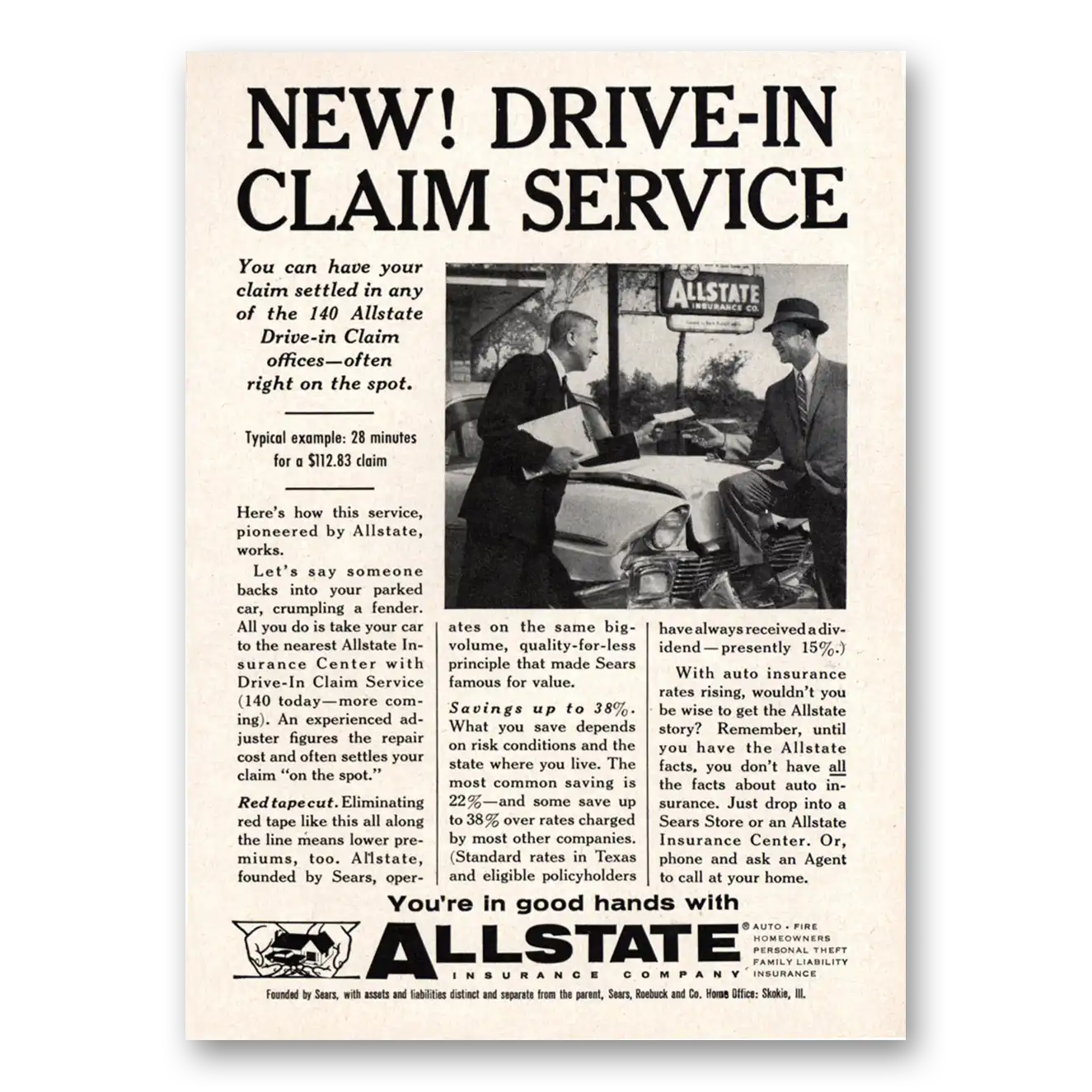 1958 Allstate Insurance Drive In Claim Service Vintage Magazine Print Ad