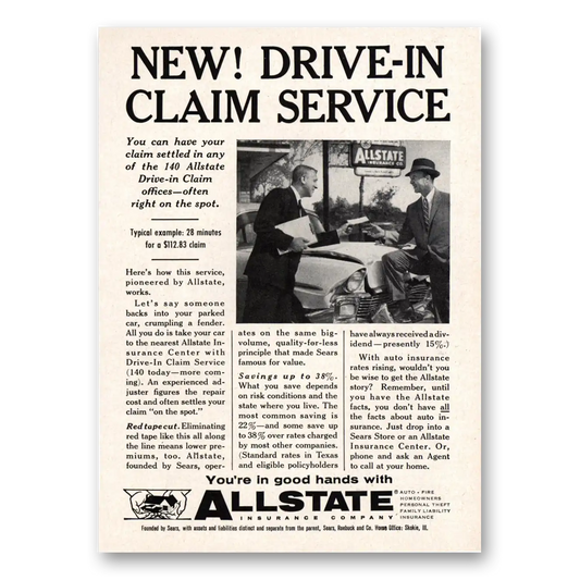 1958 Allstate Insurance Drive In Claim Service Vintage Magazine Print Ad