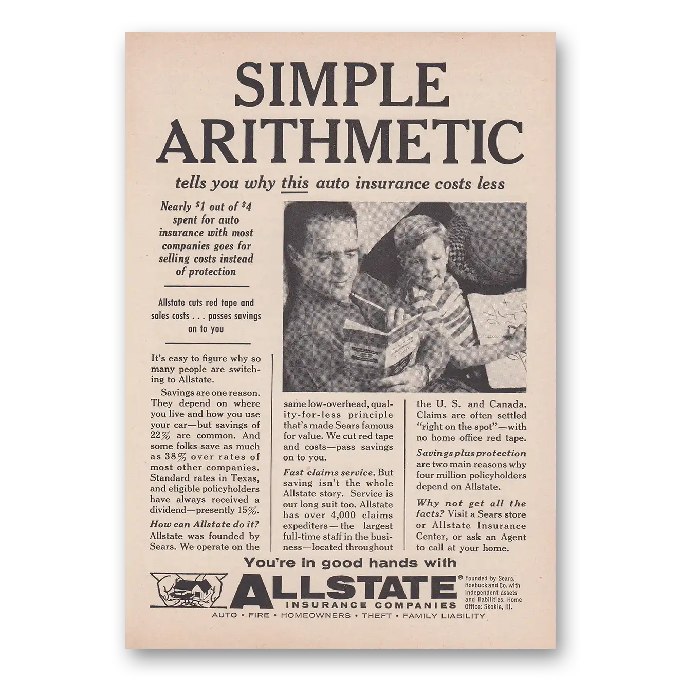 1958 Allstate Insurance Simple Arithmetic Vintage Magazine Print Ad