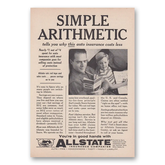 1958 Allstate Insurance Simple Arithmetic Vintage Magazine Print Ad