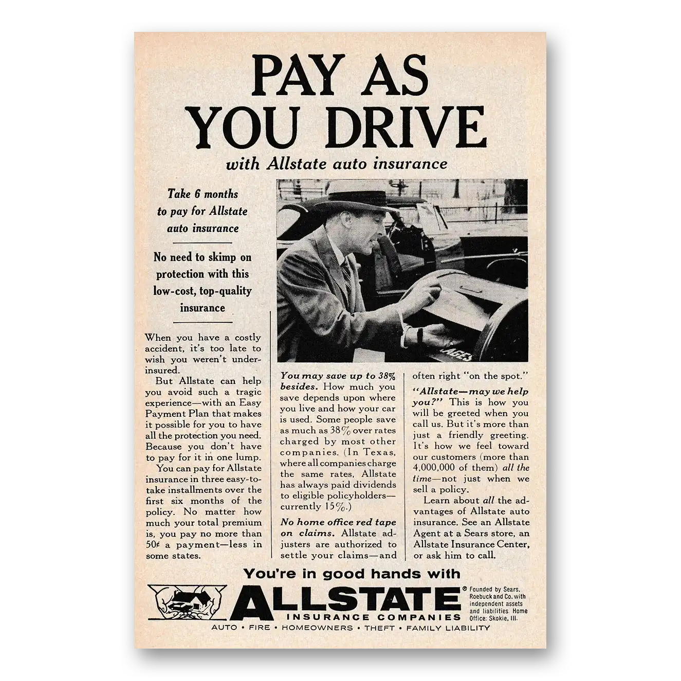 1958 Allstate Insurance Pay As You Drive Vintage Magazine Print Ad