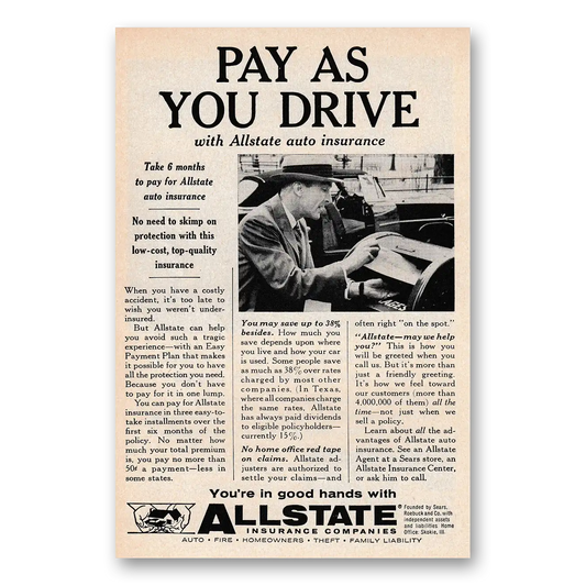 1958 Allstate Insurance Pay As You Drive Vintage Magazine Print Ad