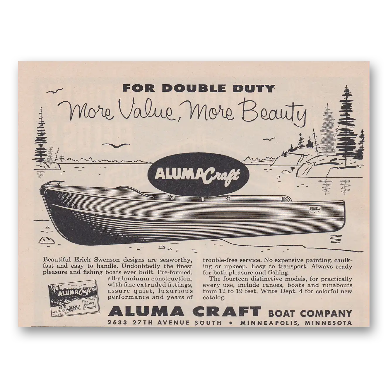 1956 Aluma Craft Boat Company Double Duty Vintage Magazine Print Ad