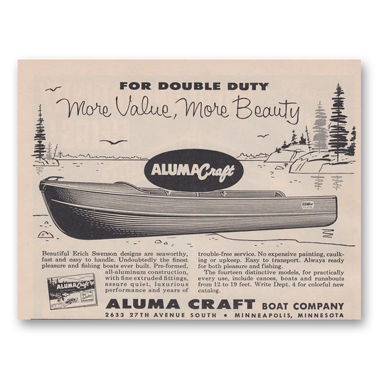 1956 Aluma Craft Boat Company Double Duty Vintage Magazine Print Ad