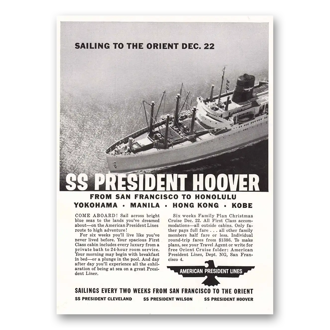 1958 American President Lines SS President Hoover Sailing to the Orient Dec 22 Vintage Magazine Print Ad