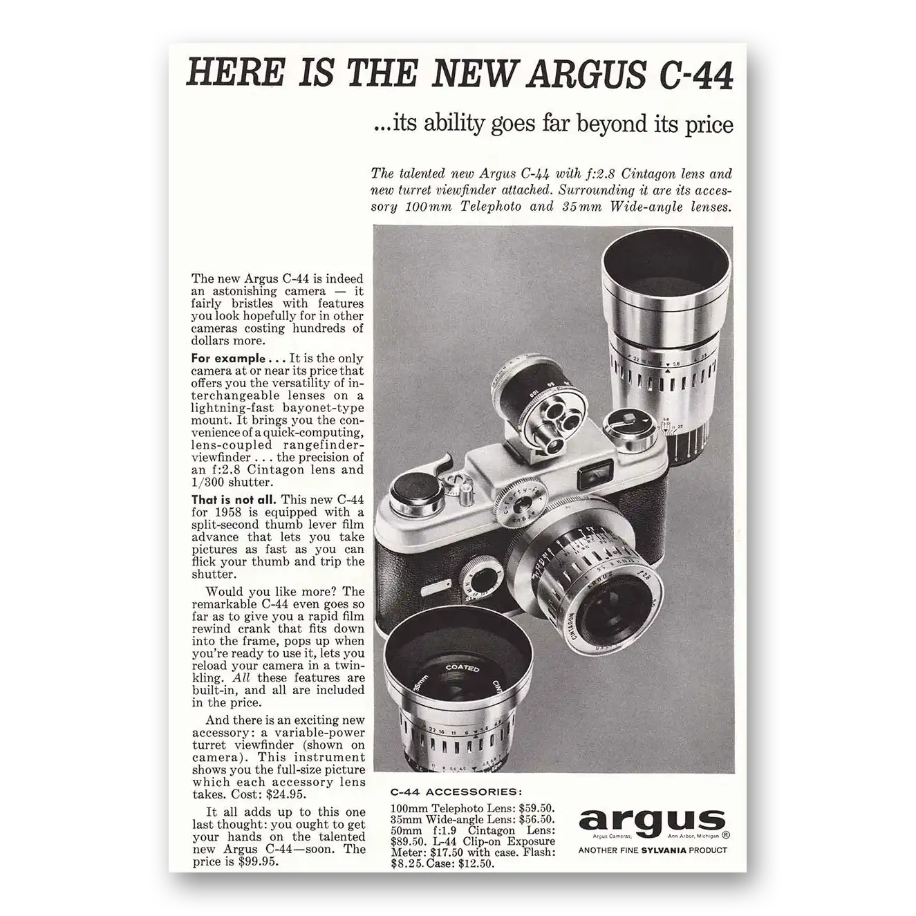 1958 Argus Camera Ability Goes Far Beyond Its Price Vintage Magazine Print Ad