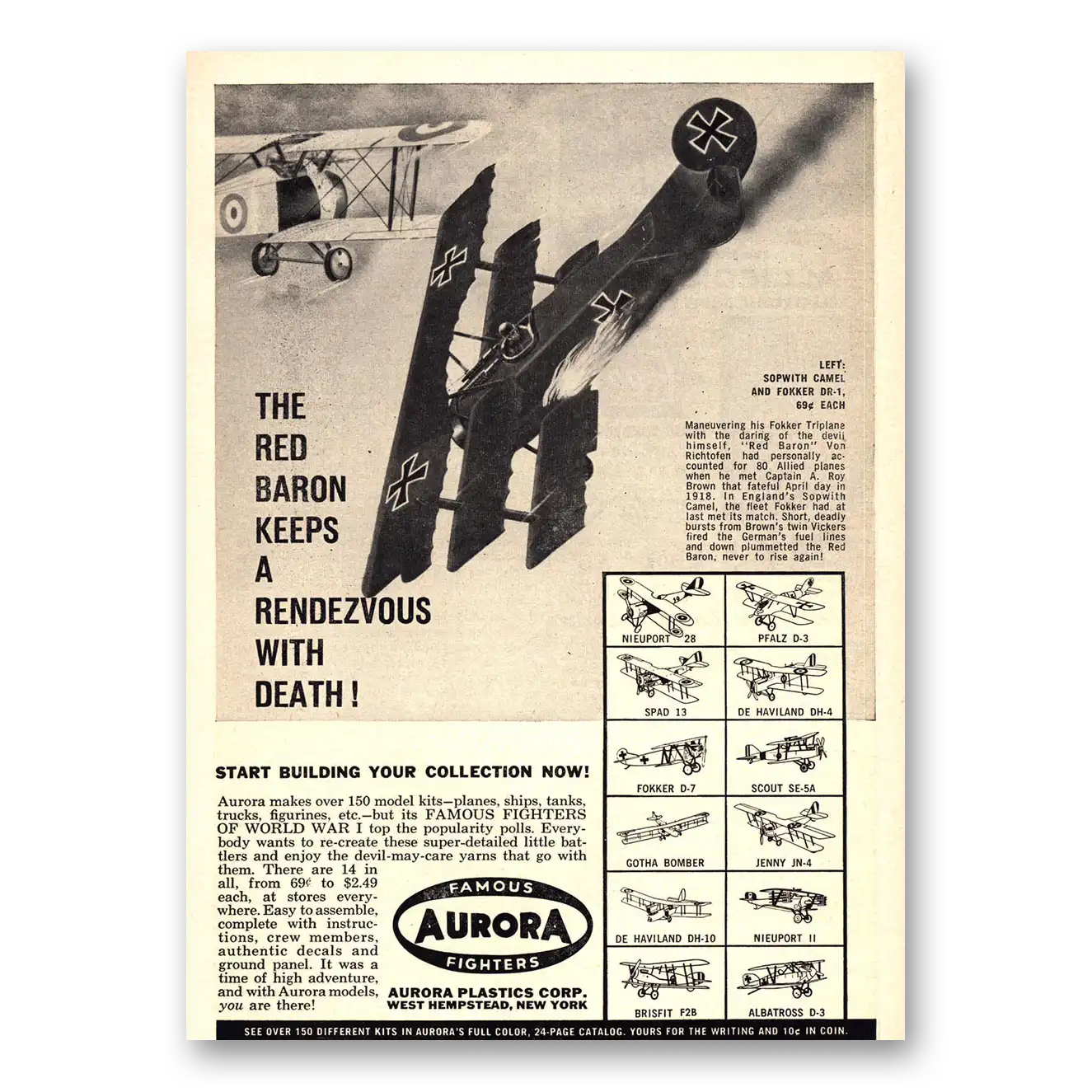 1958 Aurora Plastics Model Motoring Red Baron Keeps a Rendezvous With Death Vintage Magazine Print Ad