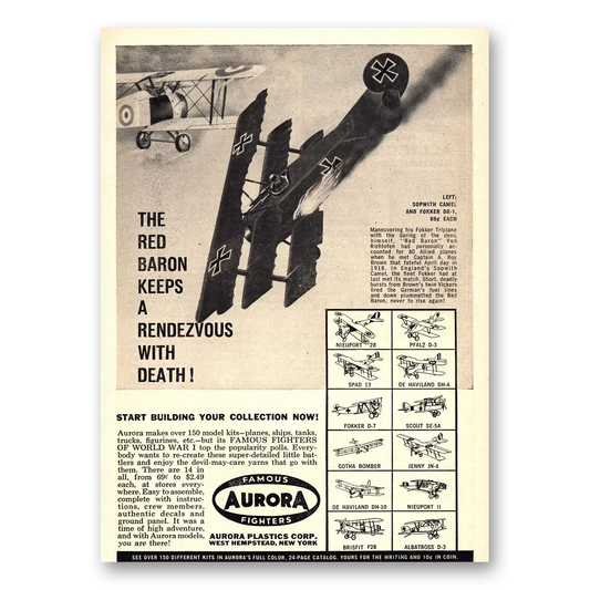 1958 Aurora Plastics Model Motoring Red Baron Keeps a Rendezvous With Death Vintage Magazine Print Ad